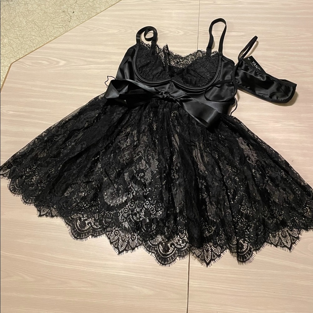 Yandy Black Lace Satin Babydoll